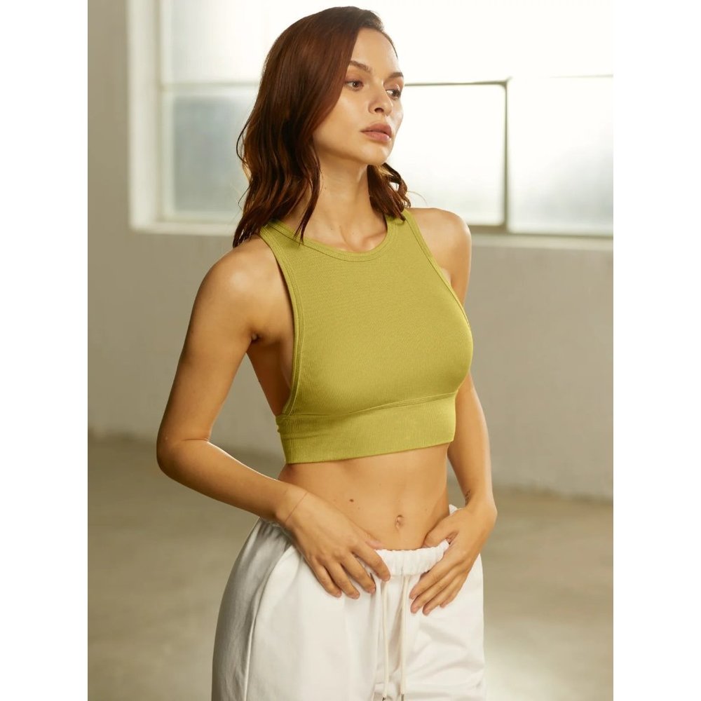 Commense Shirt Women XS Yellow Crop Top Racerback Athletic Tank High Neck Ribbed